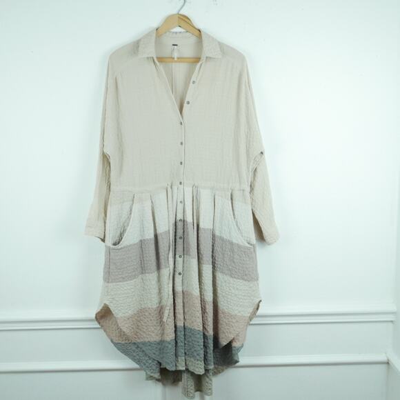 Free People XS Shirtdress Oversized Minimal Boho Pockets Neutral Coastal Preppy - Picture 1 of 7